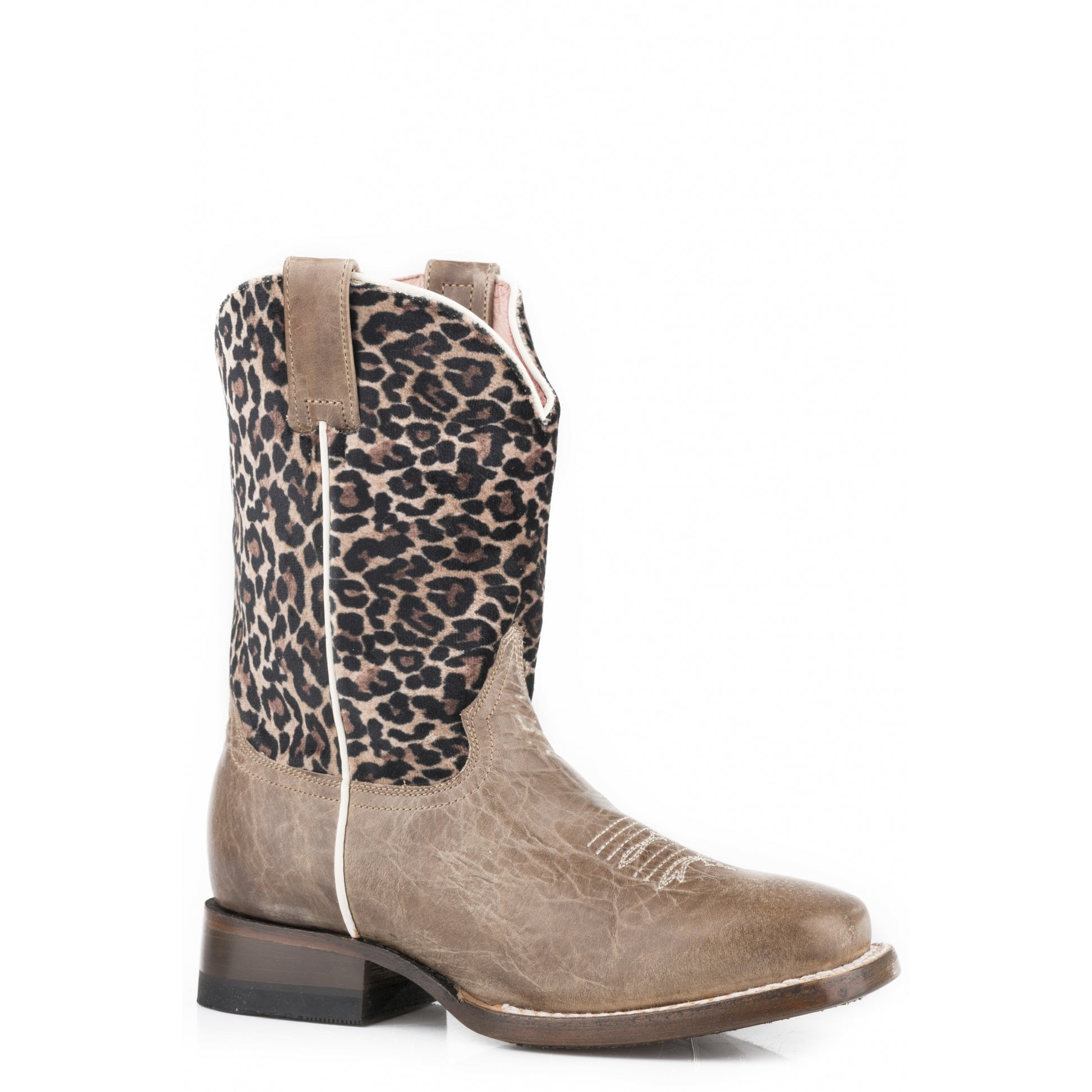 Roper Kids Waxy Brown/Leopard Print Leather Boots