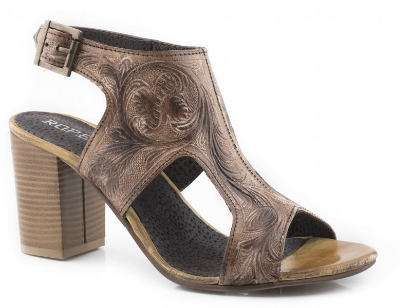 Roper Ladies Floral Tooled Open Toe Leather Mules with Back Strap Buckle
