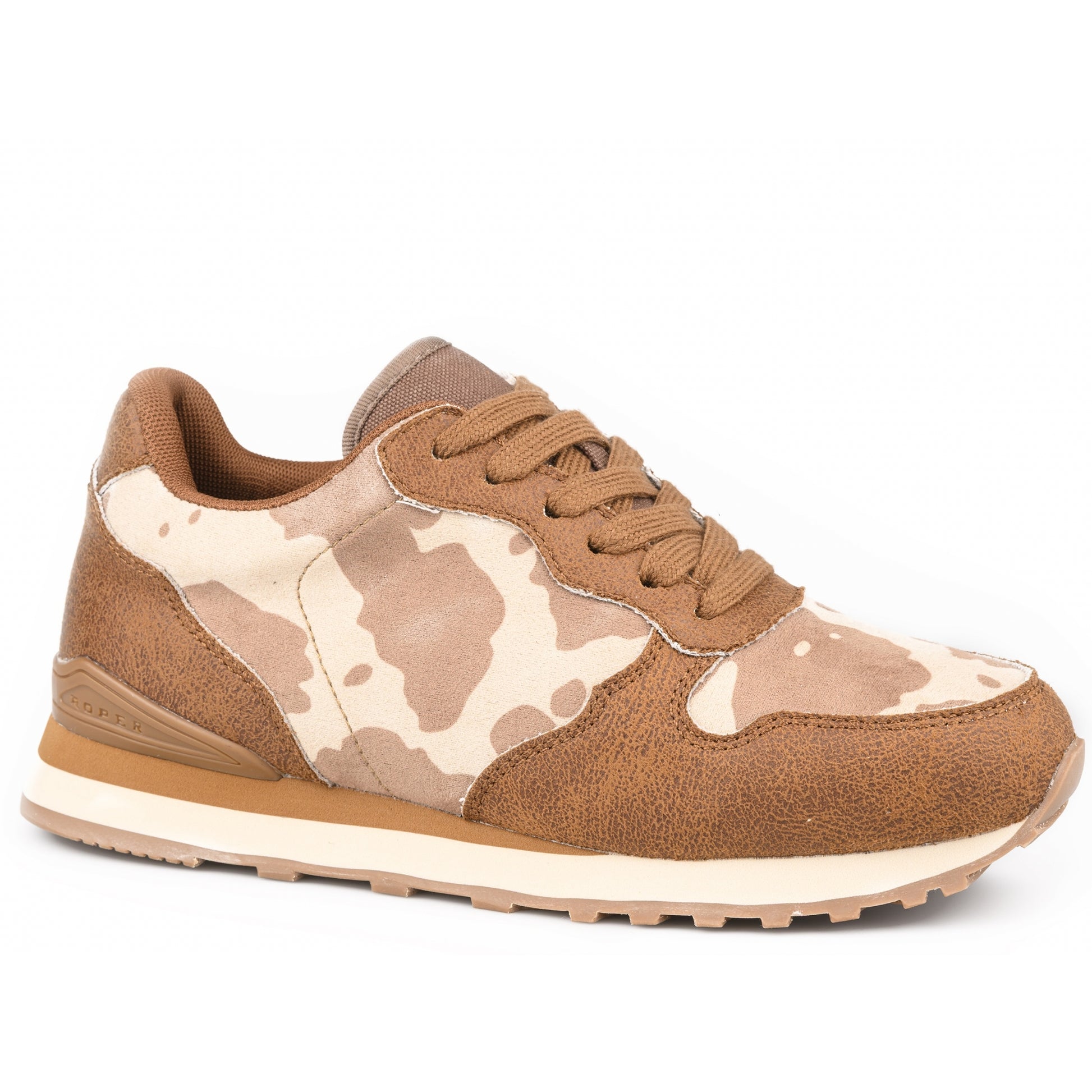 Roper Ladies Cognac Faux Leather Shoes With Cow Print