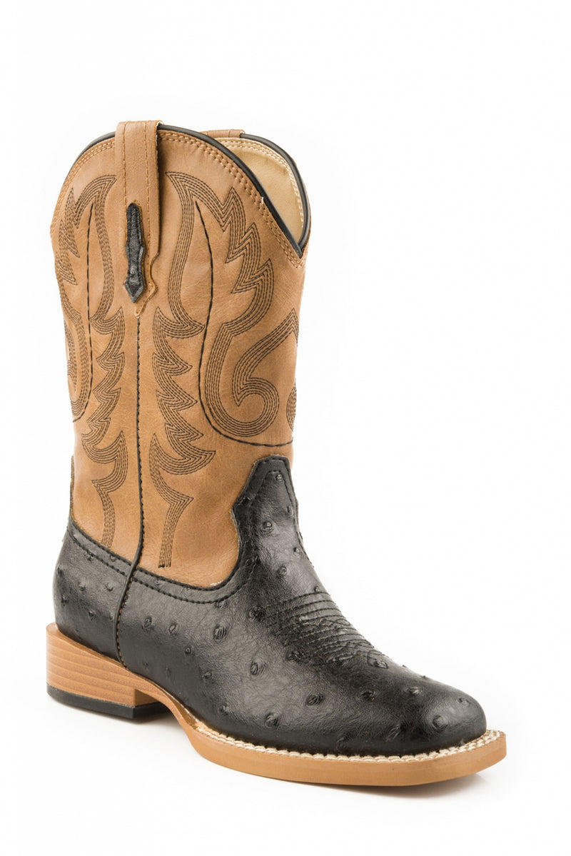Roper Mens Sq Toe 11in Faux Ostrich Blk Boots