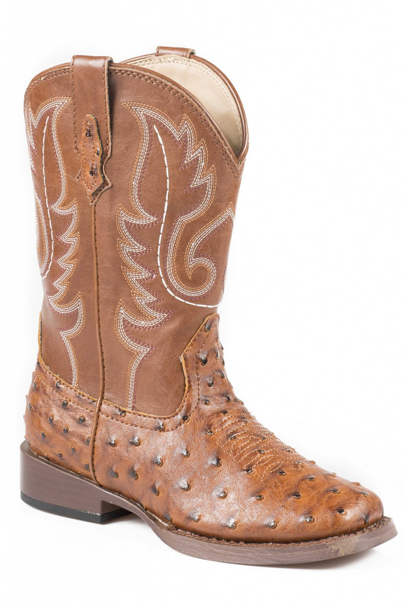 Roper Kids Sq Toe 9in Faux Ostrich Tan Boots