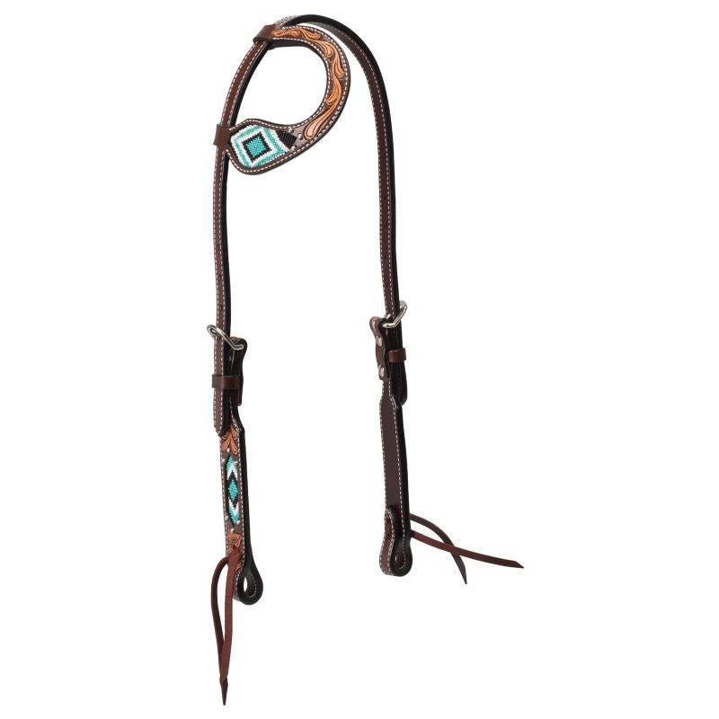 Weaver Turq Cross Turq Beaded Sliding Ear Headstal