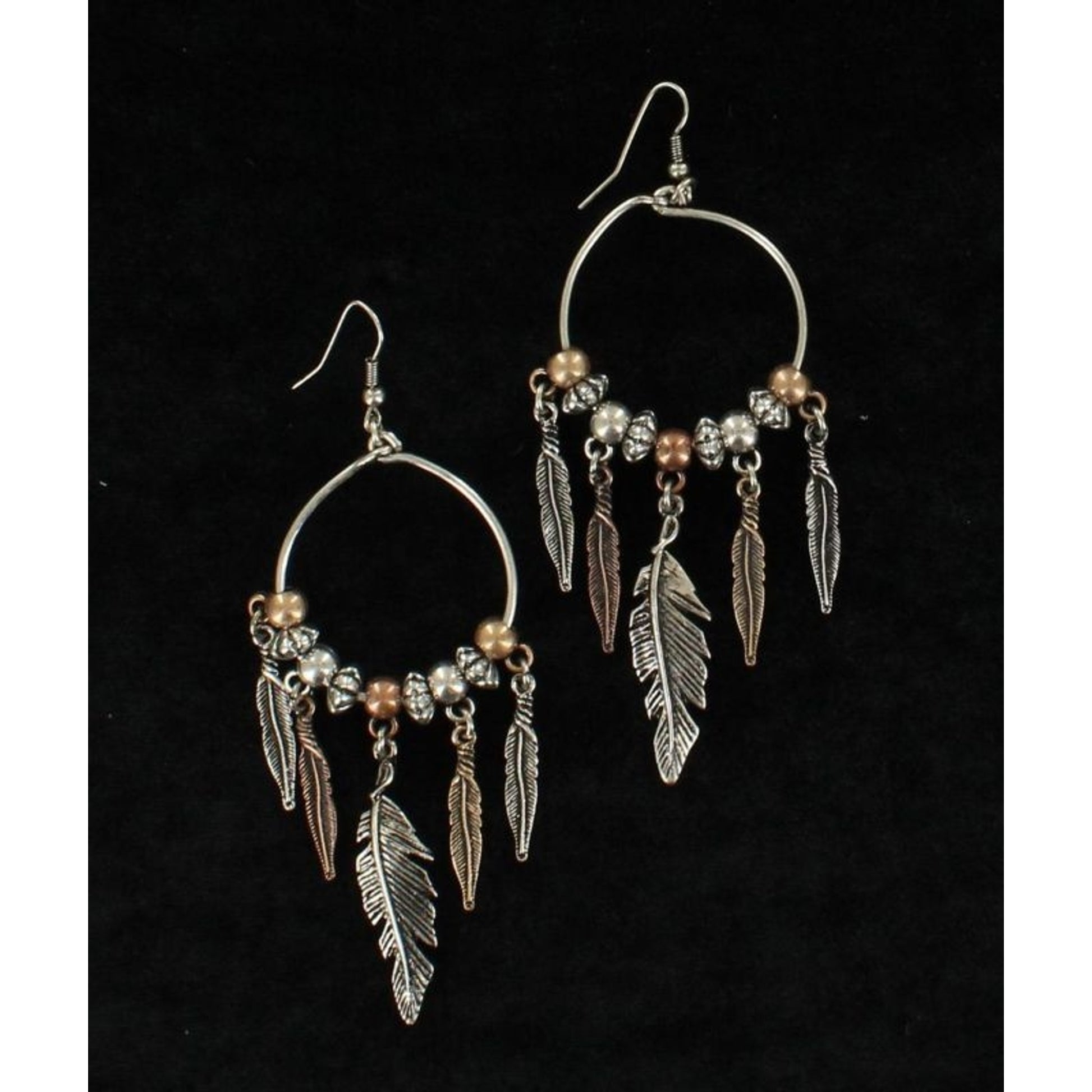 Multi Tone Feather Drop Hoop Earrings Black/White