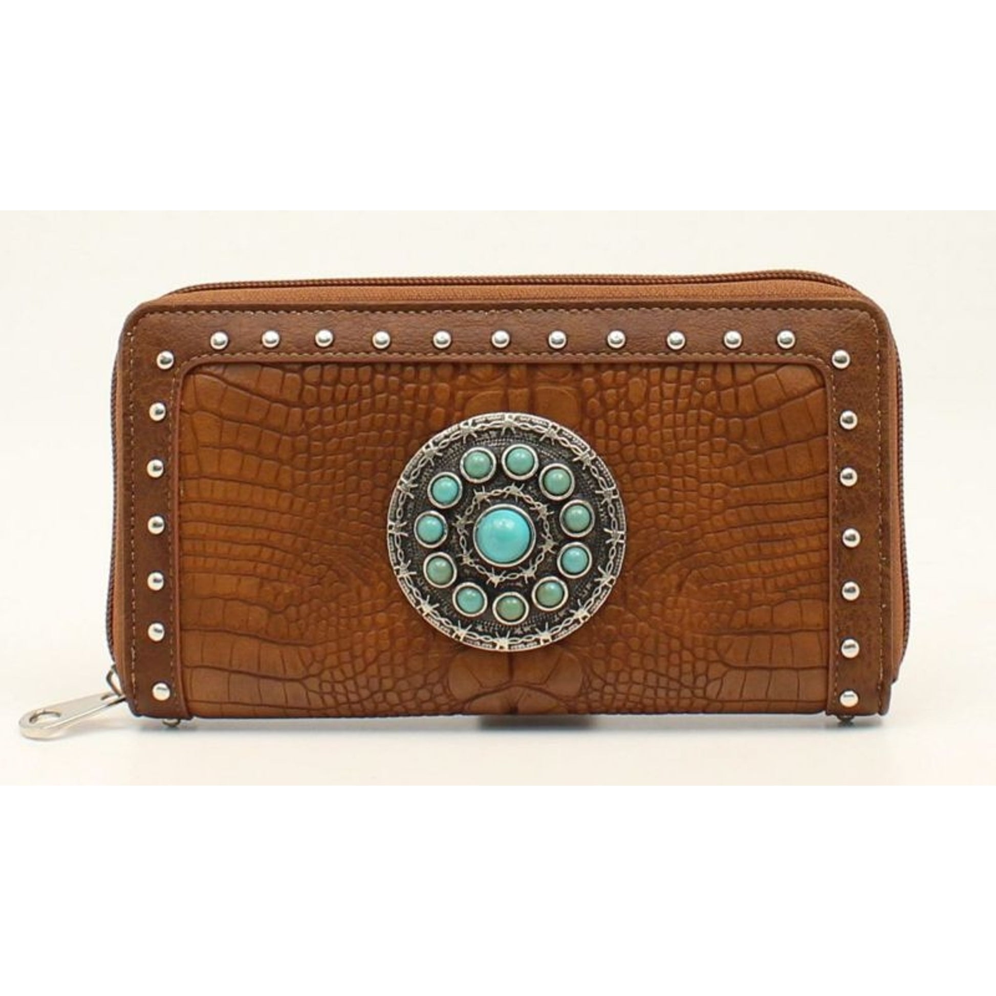 Croc Nailhead Stone Concho Zip Wallet Tur/Brn