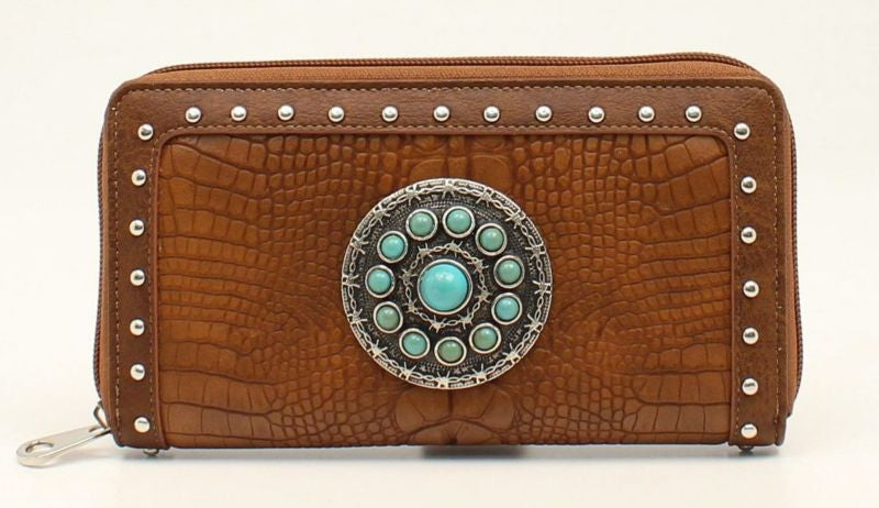 Croc Nailhead Stone Concho Zip Wallet Tur/Brn