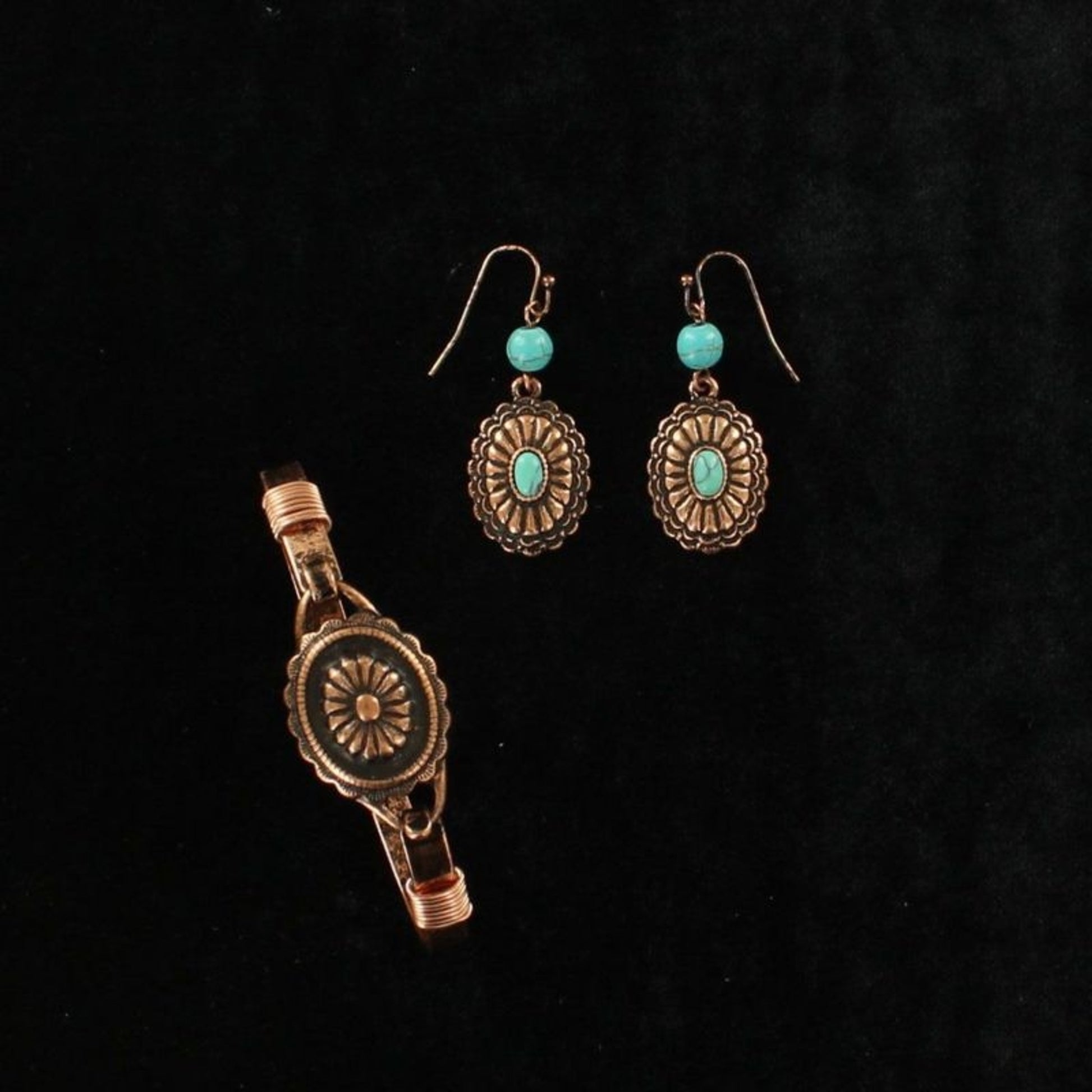 Floral Concho/Stone Bracelet/Earring SetCop/Turq