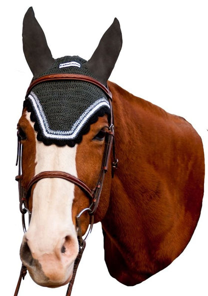 Equine Couture Fly Bonnet wSlv Lurex Cob Blk/Wht