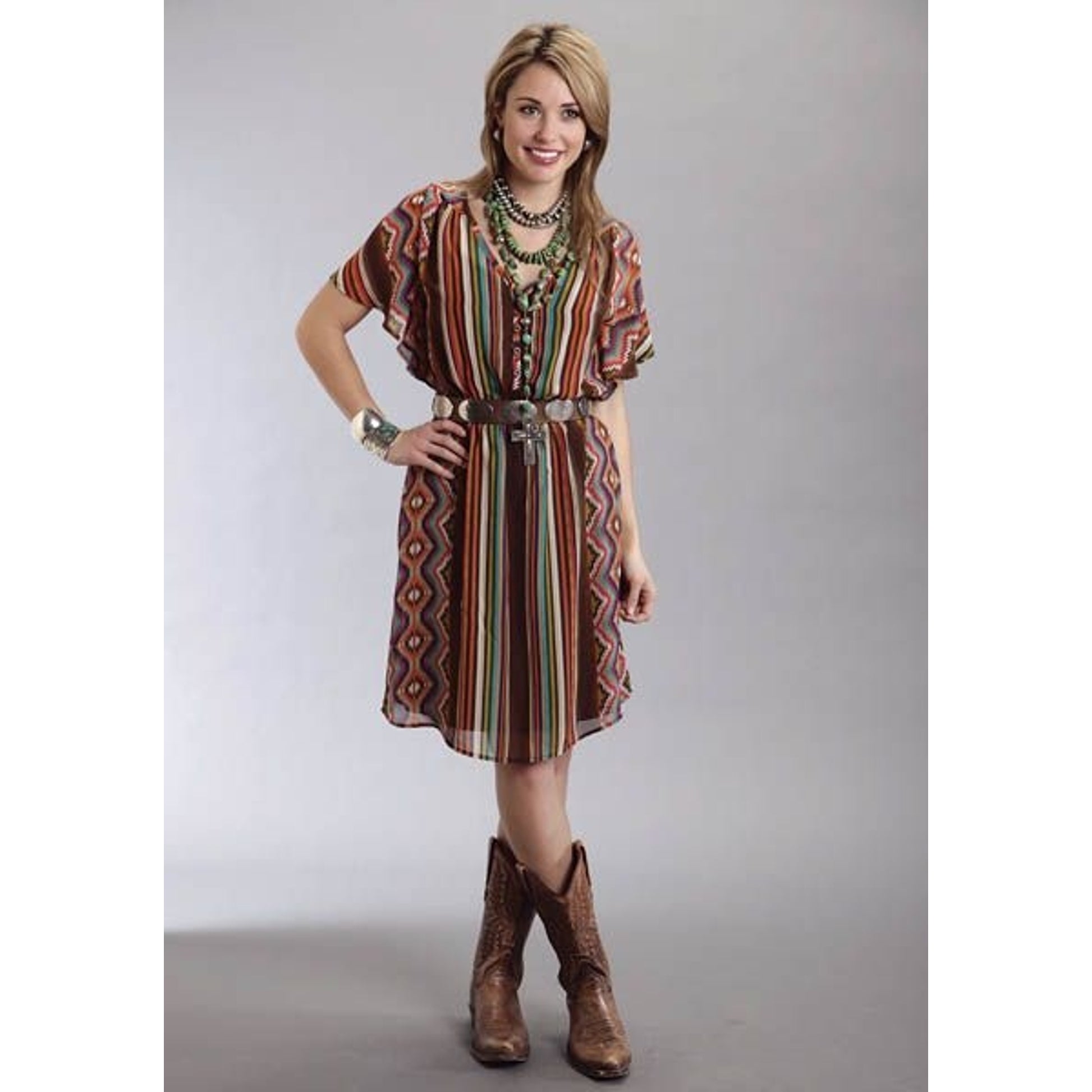 Ladies Serape Printed Chiffon Dress MD Brown