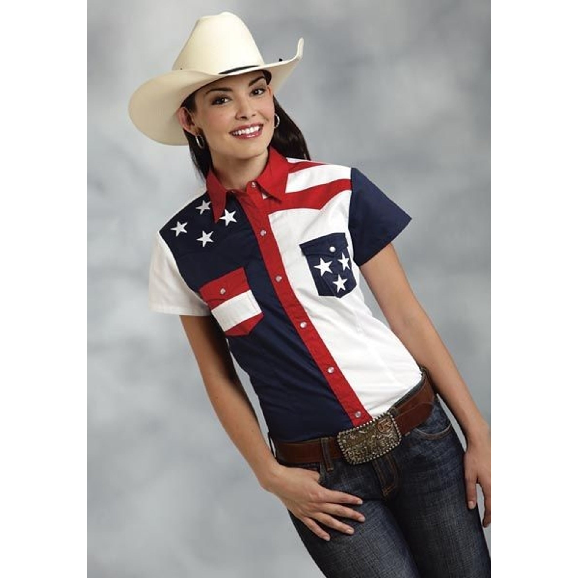 Roper Ladies Americana Pieced SS Shirt Lg Blu